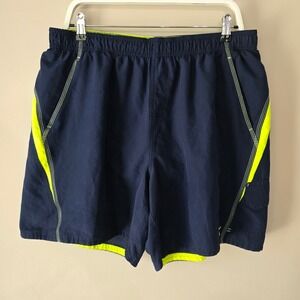 Nike Mens XXL Swim Trunks Navy Blue Neon Yellow Volt Mesh Lined 7 Inch Inseam